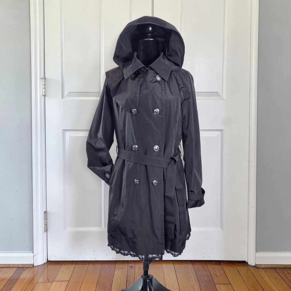Betsey Johnson Black Hooded Rain Trenchcoat Double Breasted Lace Hem Women’s L